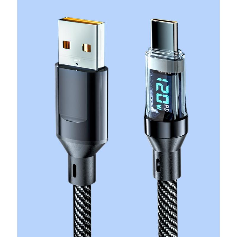 1PC 120W Super Fast Charging USB A To Type-C Cable with LED Digital Display, Matte Finish, Data Sync, USB Power Delivery
