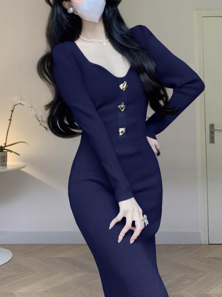 Корейская мода дизайн пуговиц трикотажное платье женское осень квадратный вырез винтажные тонкие вечерние платья эстетическое выпускное платье-свитер Хепберн зима