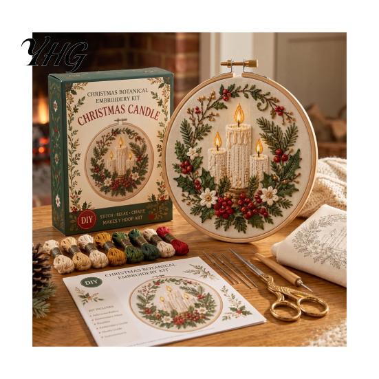 Embroidery Starter Kit Christmas for Beginners, Pre-Printed Pattern Full Set DIY Needlework Craft Supplies of Tools, Festive Wall Art Ornament