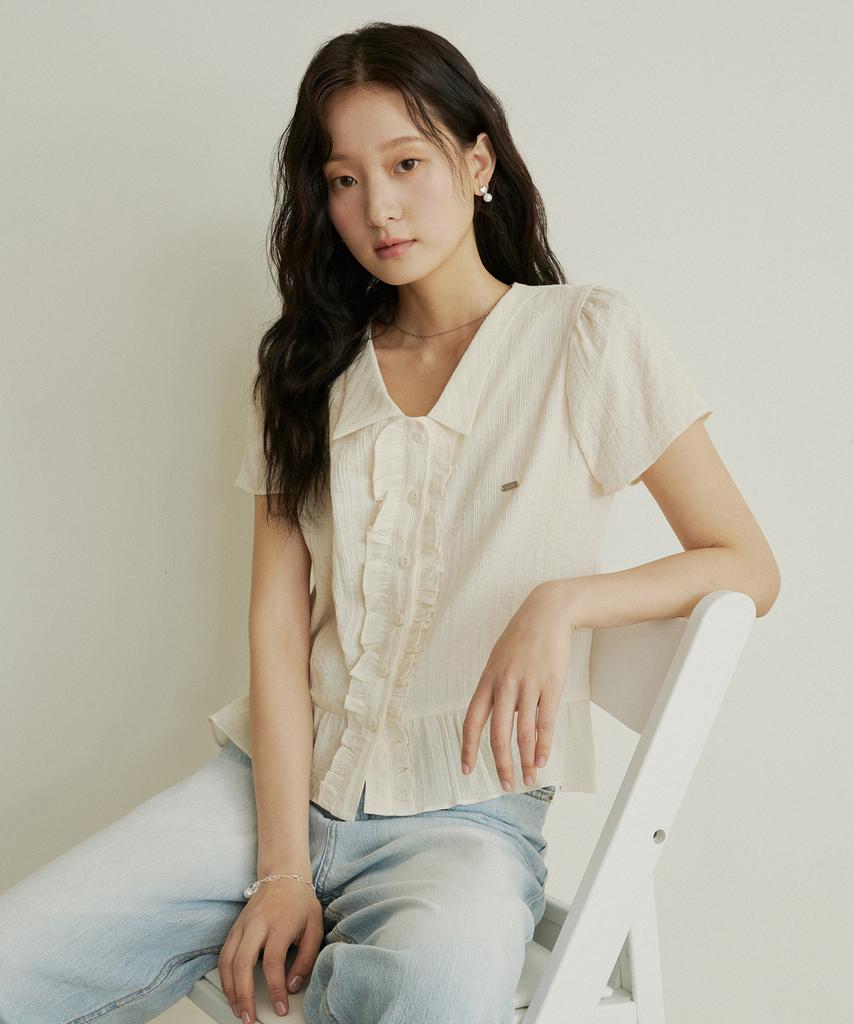 ADAUL Frill Jacquard Cap Sleeve Blouse - Cream