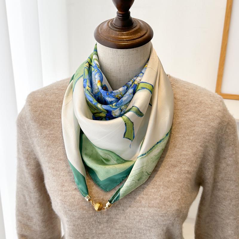 Magnetic Buckle Silk Neck Scarf: Triangle Design for Women, 70x70cm, Lightweight Spring/Summer/Autumn Accessory