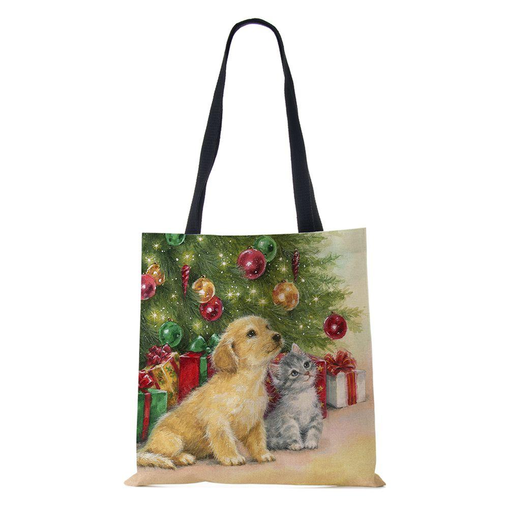 Рождественская елка Подарок Харадзюку Холщовая сумка-шоппер Рождественская собака Женская многоразовая сумка через плечо Большая вместимость Складная сумка для хранения KTY
