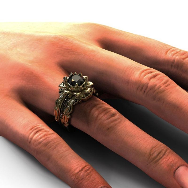 Кольцо из трех частей, розовое женское кольцо, позолоченное, ювелирные изделия с черным бриллиантом