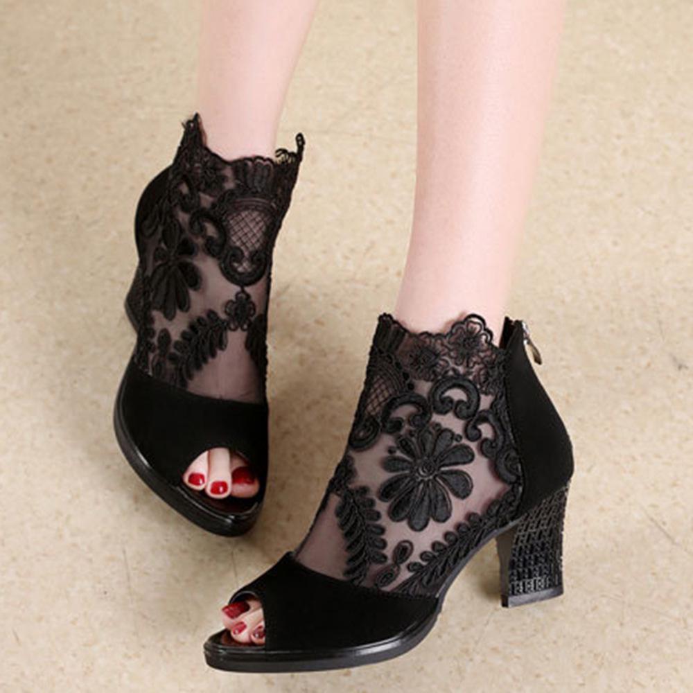 2024 Summer Large Size Mesh High Heels Thick Heel Lace Fish Mouth Sandals Female Manufacturer