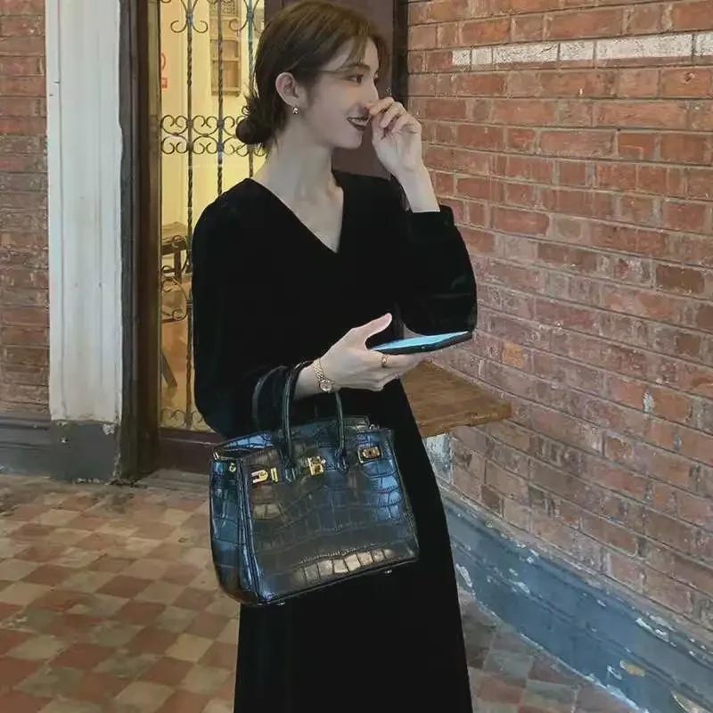 Комплект из черного бархатного платья и пальто в стиле Хепберн для женщин - вечерняя одежда осень/зима