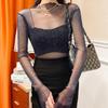 Women T Shirt See Through Transparent Mesh Tops Long Sleeve Sheer Slim Female Turtleneck Bright Silk T-Shirt Lace Crop Top