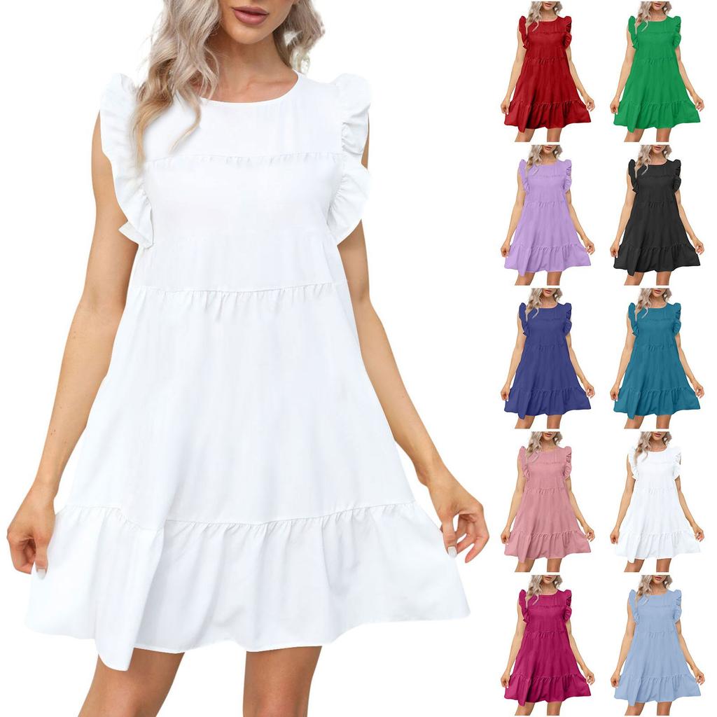 Women's Round Neck Casual Short Sleeve Ruffle-Trim Summer  Dresses