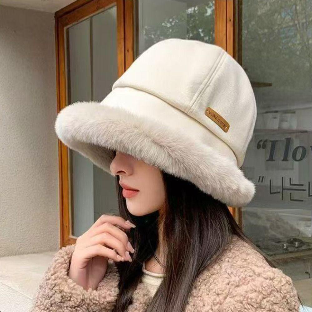 Windproof Fluffy Fur Bucket Hat Wide Brim Winter Fisherman Hat Cute Warm Cap Woman