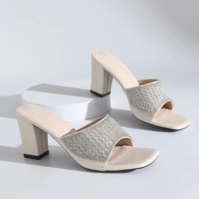 2025 Новые женские шлепанцы со стразами больших размеров, квадратный носок, высокий каблук, летние шлепанцы, модная удобная обувь для платья, женские