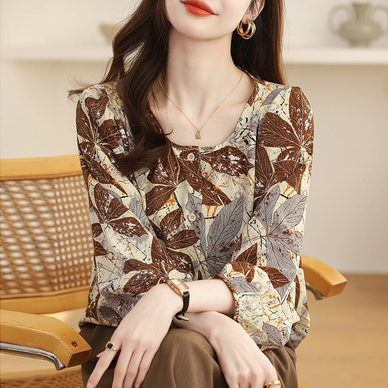 Floral Round Neck Silk Shirt Summer French Retro Printed Small Shirt