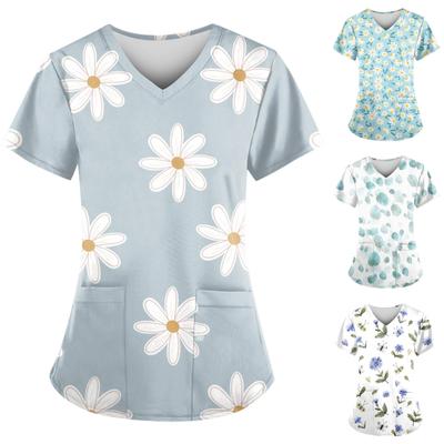 Женская мода с v-образным вырезом, короткими рукавами и карманами, топы с принтом
