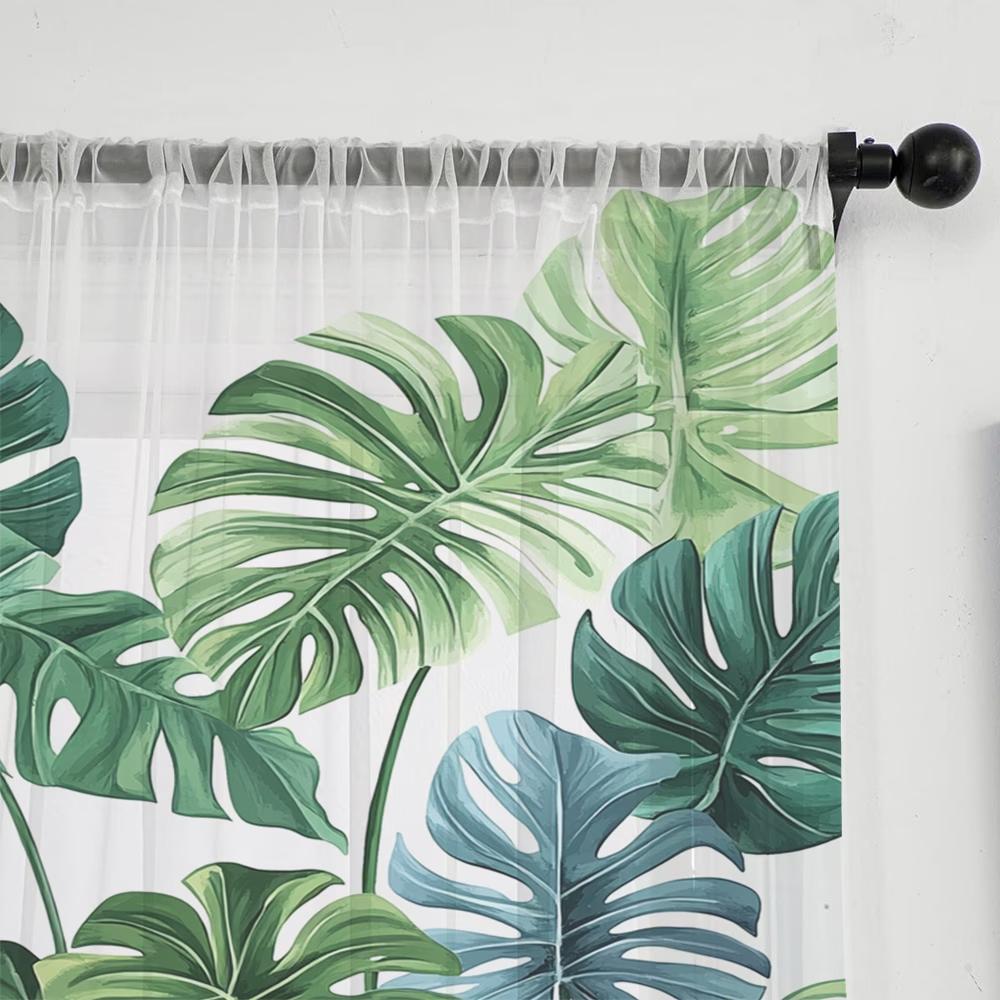 2PCS Digital Print Sheer Curtain, Combined Taro Leaves Botanical Pattern, Tropical Jungle Green Plant Natural Fresh Decor