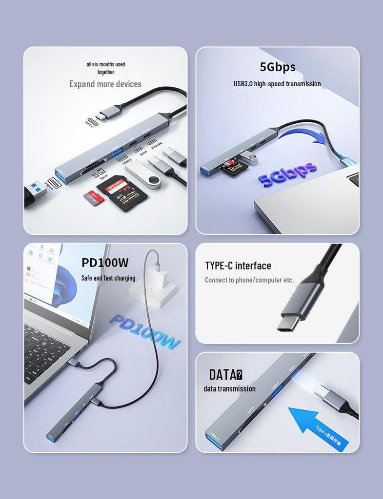 Док-станция расширения 6-в-1 Type-C: USB 3.0, Кардридер TF/SD, Хаб питания PD 100 Вт