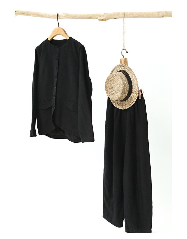 2025 Весна и Осень Черный Льняной Жакет С Круглым Вырезом Приталенного Кроя, Брюки-Морковь С Эластичной Талией Свободного Кроя