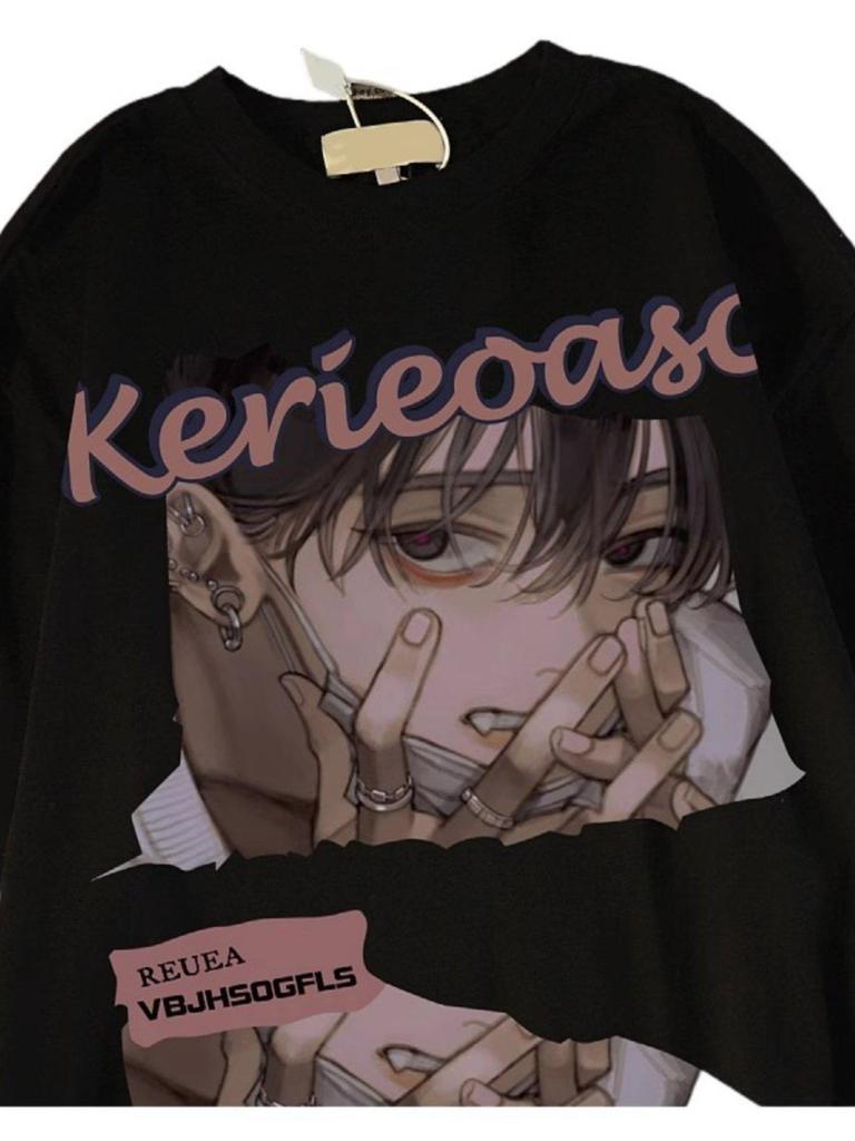 Унисекс Японская Ретро Аниме Мультяшная Свободная Футболка - Доступны Большие Размеры