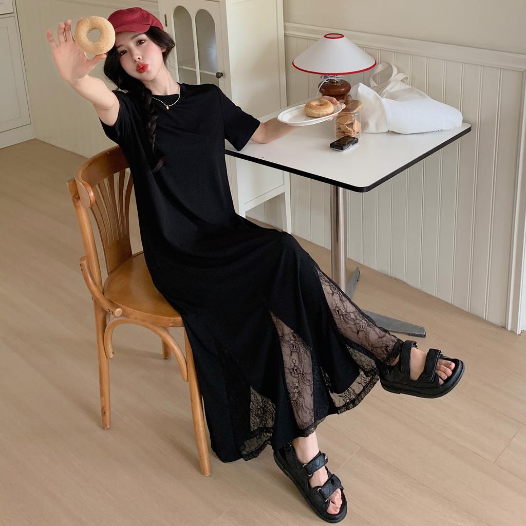 DIMANAF Женщины 2025 Лето Большой Размер Повседневное С Коротким Рукавом Оверсайз Длинное Платье-Рубашка Кружево Свободное Платье Новое Плиссированное