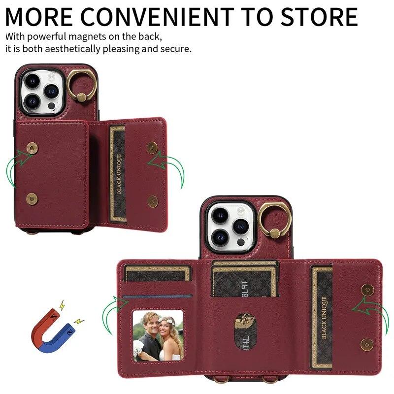 Кожаный чехол-кошелек с ремешком с кольцом для iPhone 15 Pro Max 14 Plus 13 Pro 12 Samsung Galaxy S24 Ultra S23 S22 21 FE A25 A15 A54 A34 A14, раскладной чехол для телефона