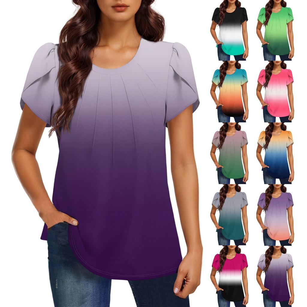 Женская модная футболка с круглым вырезом и коротким рукавом с градиентным принтом, повседневная базовая плиссированная футболка-пуловер