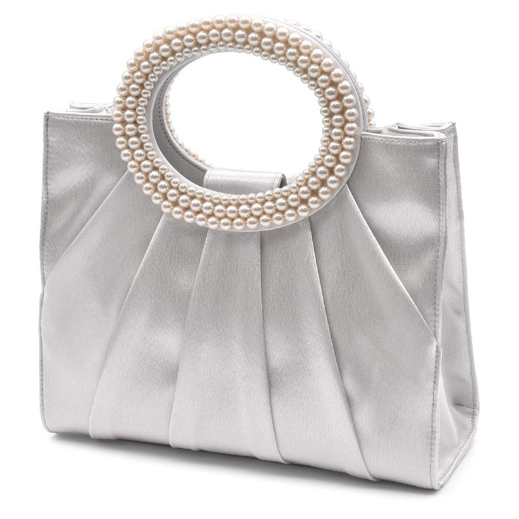 2way Pearl Handle Party Bag Lace Design Gorgeous Elegant [PLEX] Women's (Silver (Pleated Type))