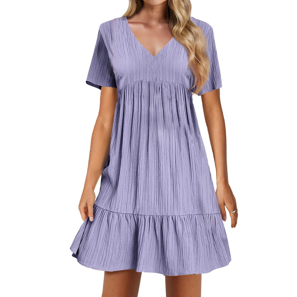 Ladies Casual Sexy Solid Color V-neck Loose Patchwork Short Sleeve Dress