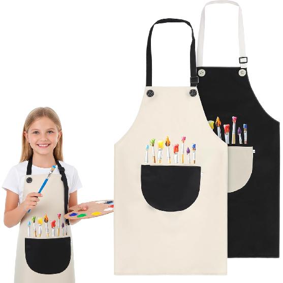 2Pcs Kids Aprons for Cooking, Adjustable Waterproof Painting Apron, Art Aprons with Pockets for Boys Girls Childs Painting Crafting Cooking Baking