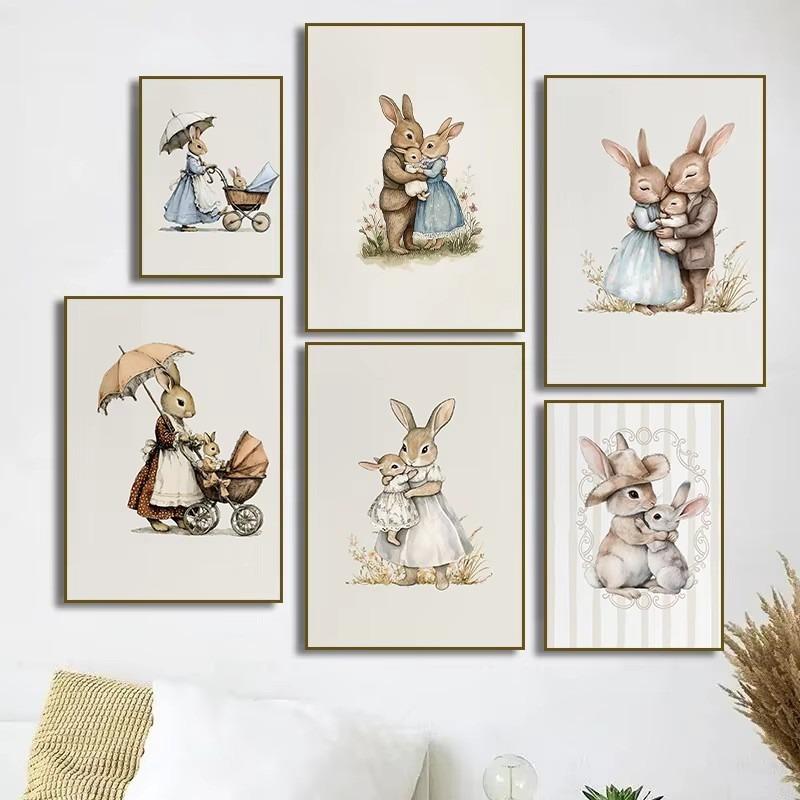 Vintage Style Easter Rabbit Posters Frameless Prints Canvas Painting Wall Art Pictures Home Room Antique Nursery Decoration