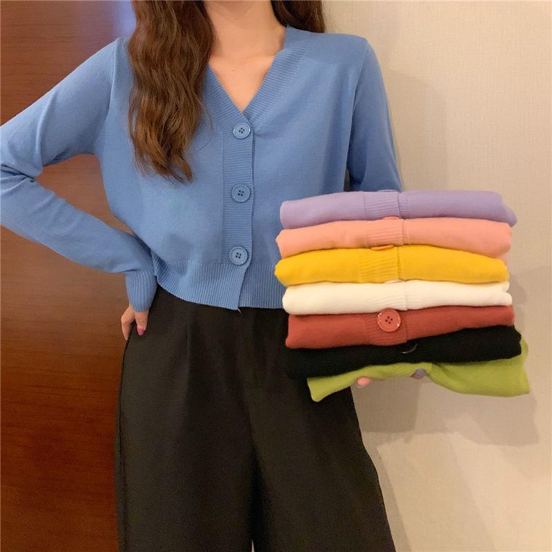 Весенне-осенний вязаный кардиган с длинными рукавами, свитер с v-образным вырезом, однотонное короткое повседневное пальто SL