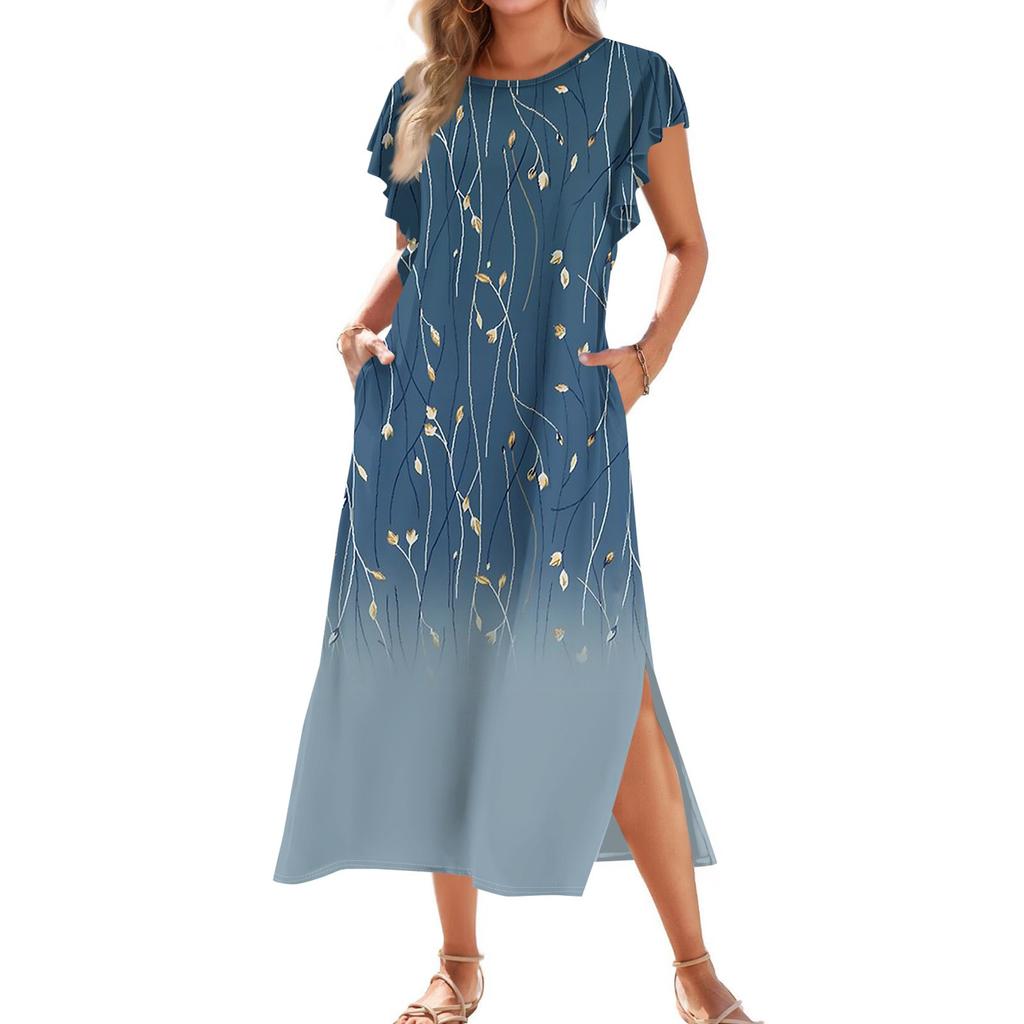Женское модное летнее повседневное пляжное платье с плиссированными рукавами, свободным ретро-цветочным принтом, короткими рукавами, круглым завязкой и карманом