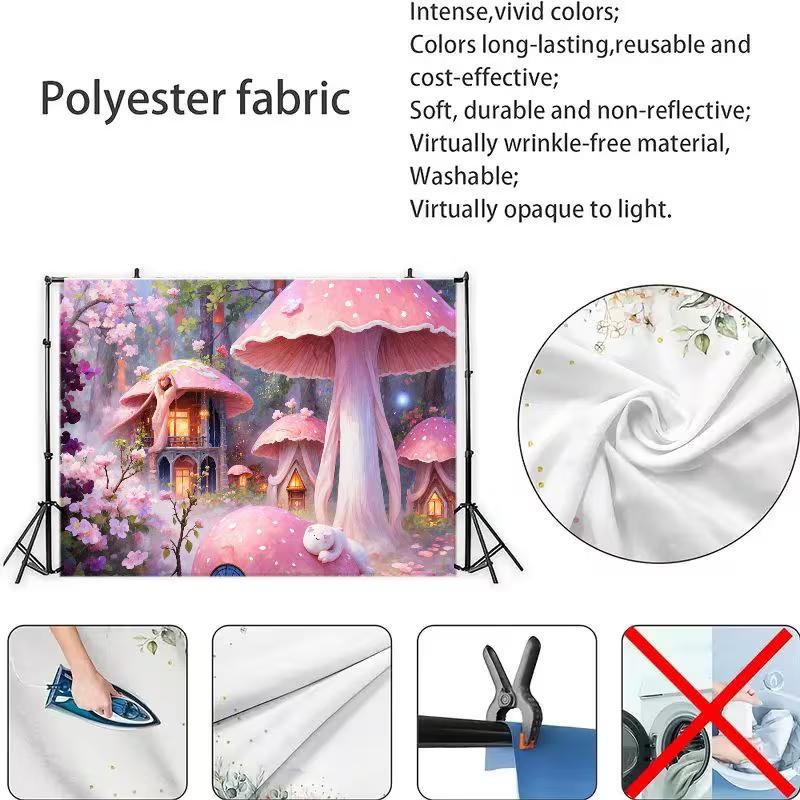 2D Dreamy Mushroom Village Backdrop, Pink Forest Scene Background for Baby Shower
