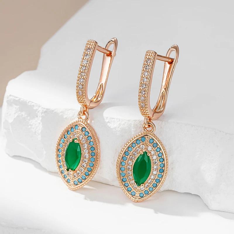 Bohemian Gold Color Rhombus Drop Earrings for Women Ethnic Green Zircon Long Earrings Jewelry Gifts CLE