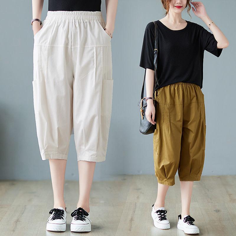 Женские летние литературные брюки большого размера из хлопка и льна, повседневные, свободные, с высокой талией, утягивающие, универсальные, в корейском стиле, с семью точками, шаровары