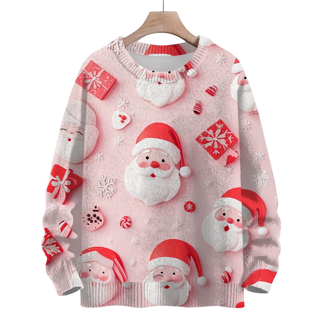 Women's Fashion Round Neck Casual Long Sleeve Christmas Cute Printed Woolen Knit Top