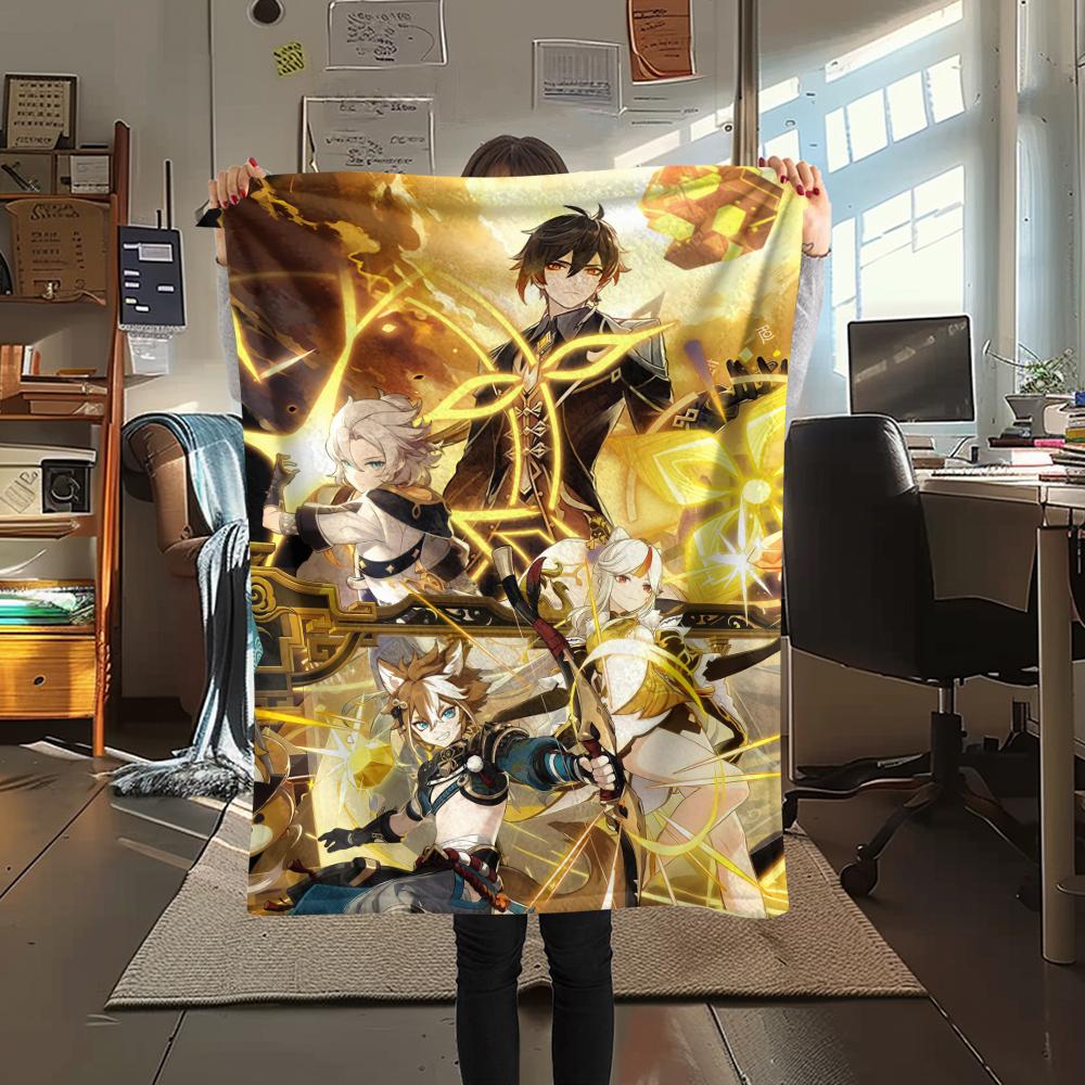 1PC Genshin Impact Print Flannel Blanket, High quality Comfortable for All Seasons, Home Decor, Warmth and Comfort, Perfect for Christmas Gifts