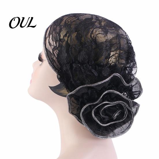Skin-friendly Turban Hat, Lace Hollow Design Headwrap with 3D Flower Decoration, Hat High Elastic Fit Summer Cap for Retro Style Headwear Women
