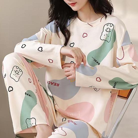 2Pcs/Set O-Neck Long Sleeve Mid-Rise Elastic Waistband Loose Pajamas Set Girls Cartoon Print Pullover Blouse Long Pants Set