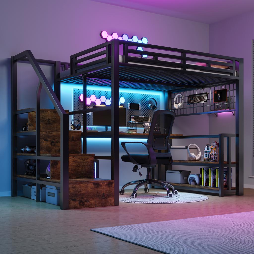 Loft Bed, 140 x 200 cm, Iron Frame, Storage Shelf, Hanging Grid, LED Light, Desk, Staircase, 2 USB Ports, 1 Type-C Socket, Without Mattress, Black