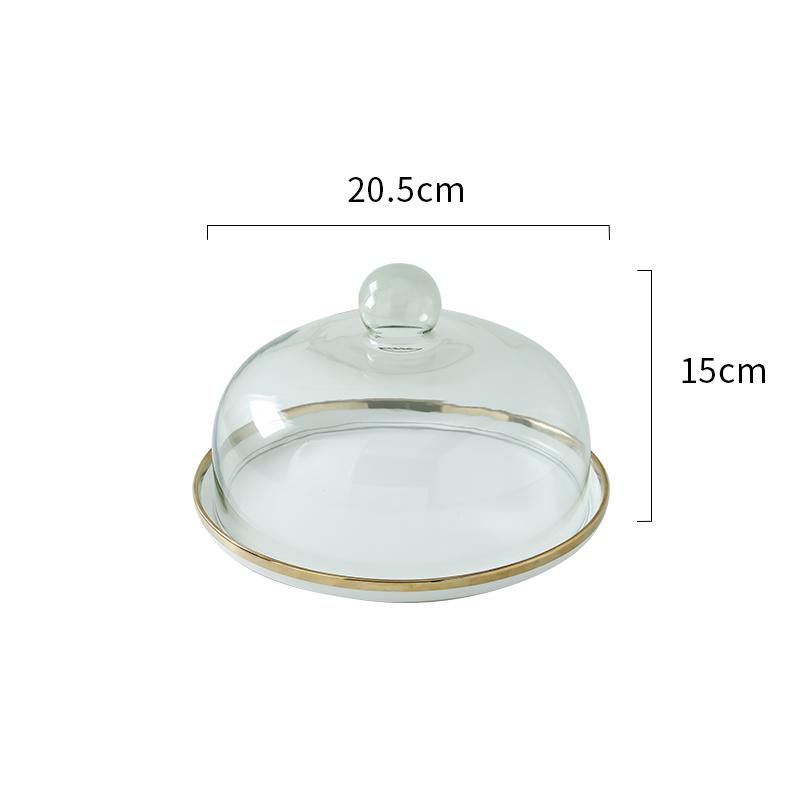 Ceramic Cake Pan Glass Cover Round Decorative Plate with Transparent Cover Display Stand Tray Cake Stand Snack Dessert Plate
