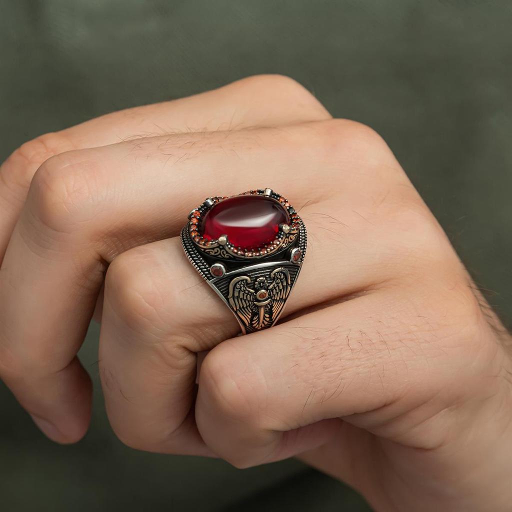 Exquisite 925 Sterling Silver Ruby Men's Ring – Timeless Elegance and Rich Hues - Turkish Handcraft Silver Men Ring