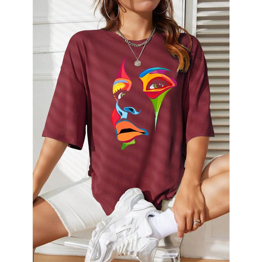 Painted Lady Face Personality Design Print T Shirt Female Street Comfortable T-Shirt