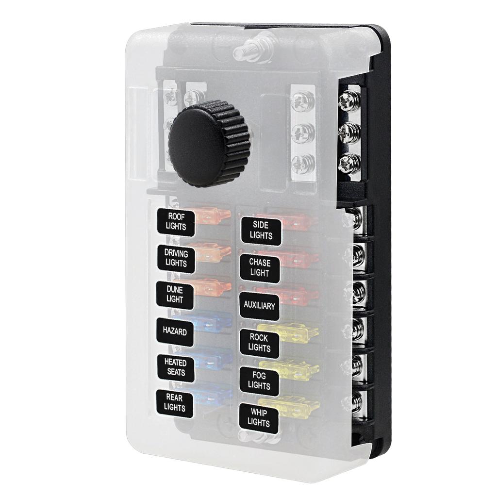 Automotive Marine Boat Fuse Block Waterproof 12 Way with 12 Ground Negative Busbar [100 Amp Max] [ATC/ATO Fuses] [LED Indicator] for Car RV Golf Cart