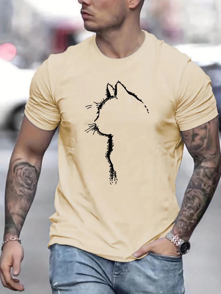 Men's 100% Pure Cotton Summer Loose Oversized Casual Comfortable Cat Pattern Printed Sports Round Neck Short Sleeved T-shirt Top