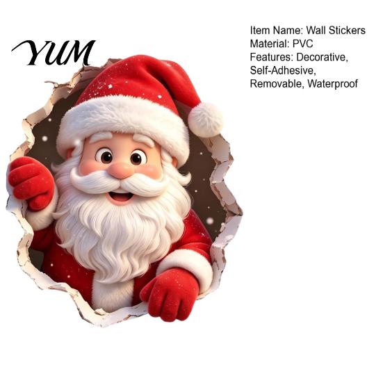 Self Adhesive Christmas Decorations 3D Santa Claus Wall Stickers, PVC Decals with Realistic Breaking Holiday Stickers for Cabinets Effect, Peel