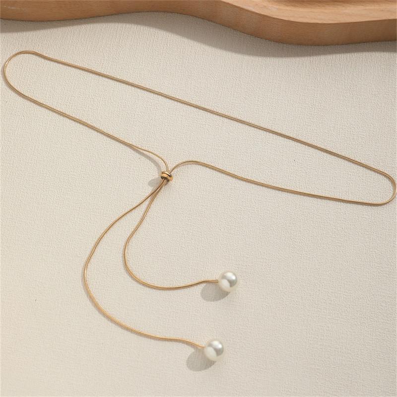 Imitation Pearl Long Drawstring Necklace Adjustable Design Sense Niche Pearl Necklace With Minimalist Collarbone Chain