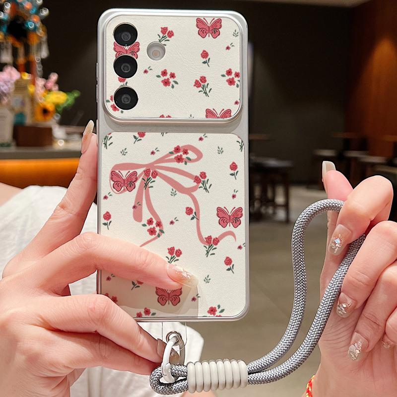 Чехол-ремешок из кожи с цветочным принтом и розовыми бантами для Samsung S26 S25 Ultra S24 S23 S22 Plus S21 FE A16 A17 A26 A36 A37 A54 A55 A56 A57 5G