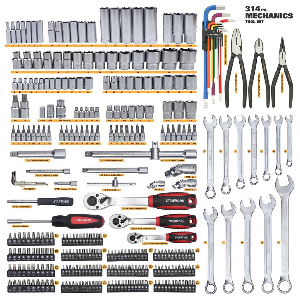 STARWORK TRUE Socket Wrench Set Ratchet Wrench Tool Set Automobile and Motorcycle Tool Set Work Tools with Special Storage Case 314 Piece Set