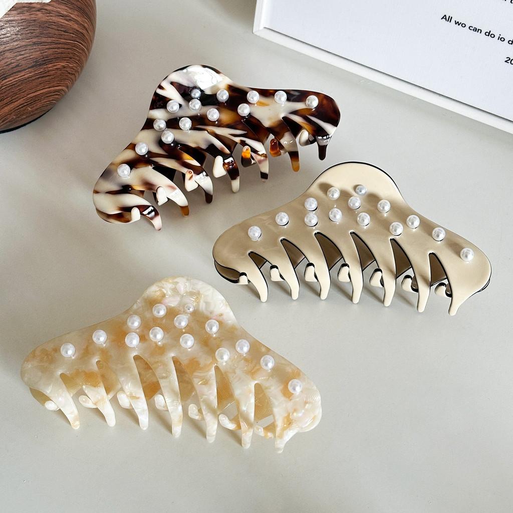Fashionable Large Acetate Hair Claw With Pearl Accents Versatile For Any Occasion