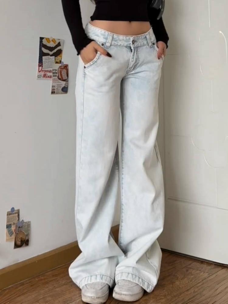Американские винтажные потертые джинсы High Street, женские, весна-осень, с низкой талией, тонкие, широкие брюки, модный дизайн 2000-х годов, повседневные длинные брюки