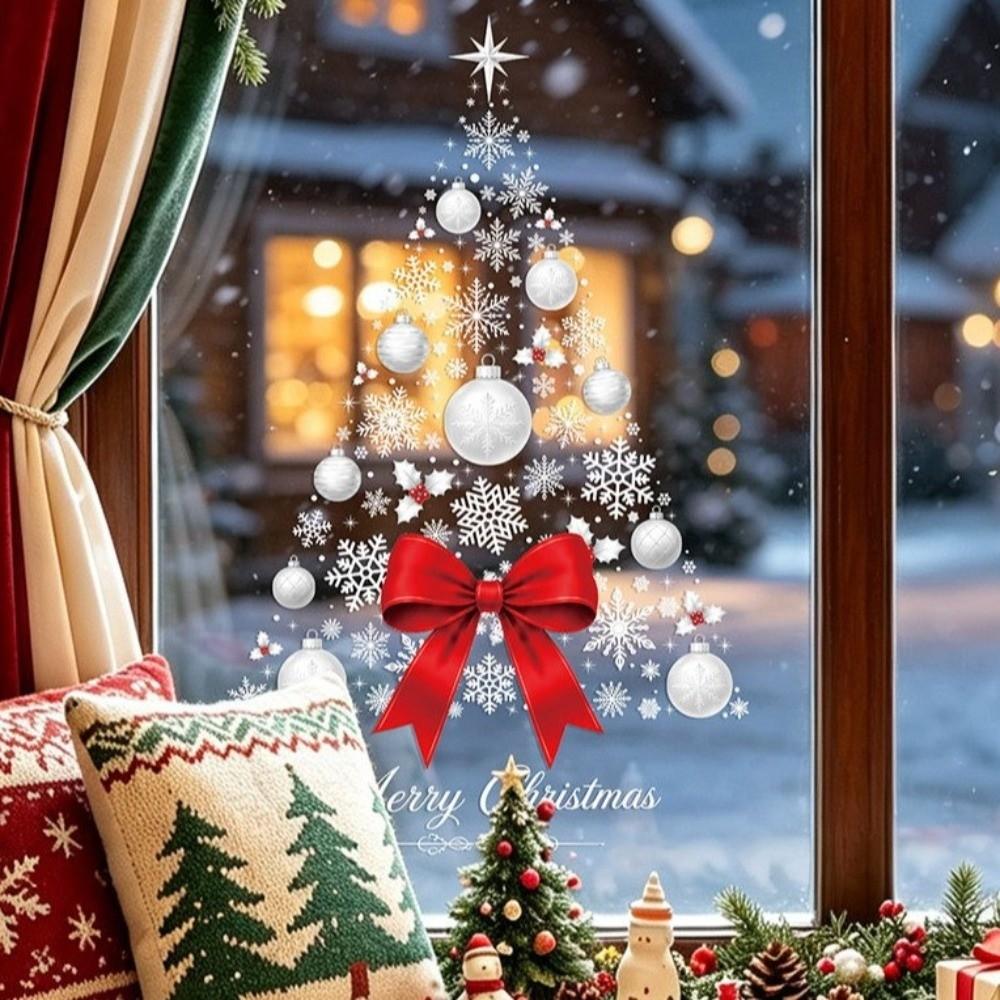 Red Bow Snowflake Window Sticker Static Cling Xmas Tree Glass Sticker Party Decoration