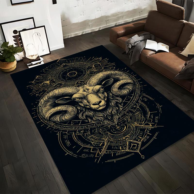Golden Ram Head with Mystical Symbols Non-slip rug suitable for living room and bedroom sofas