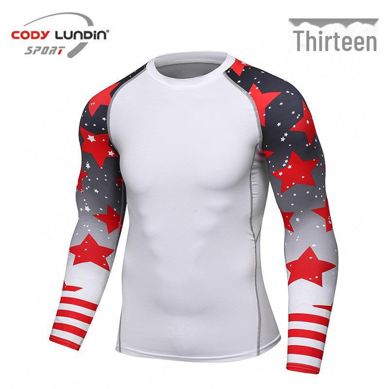 Мужская компрессионная футболка для бега с длинным рукавом и принтом, влагоотводящая, A038